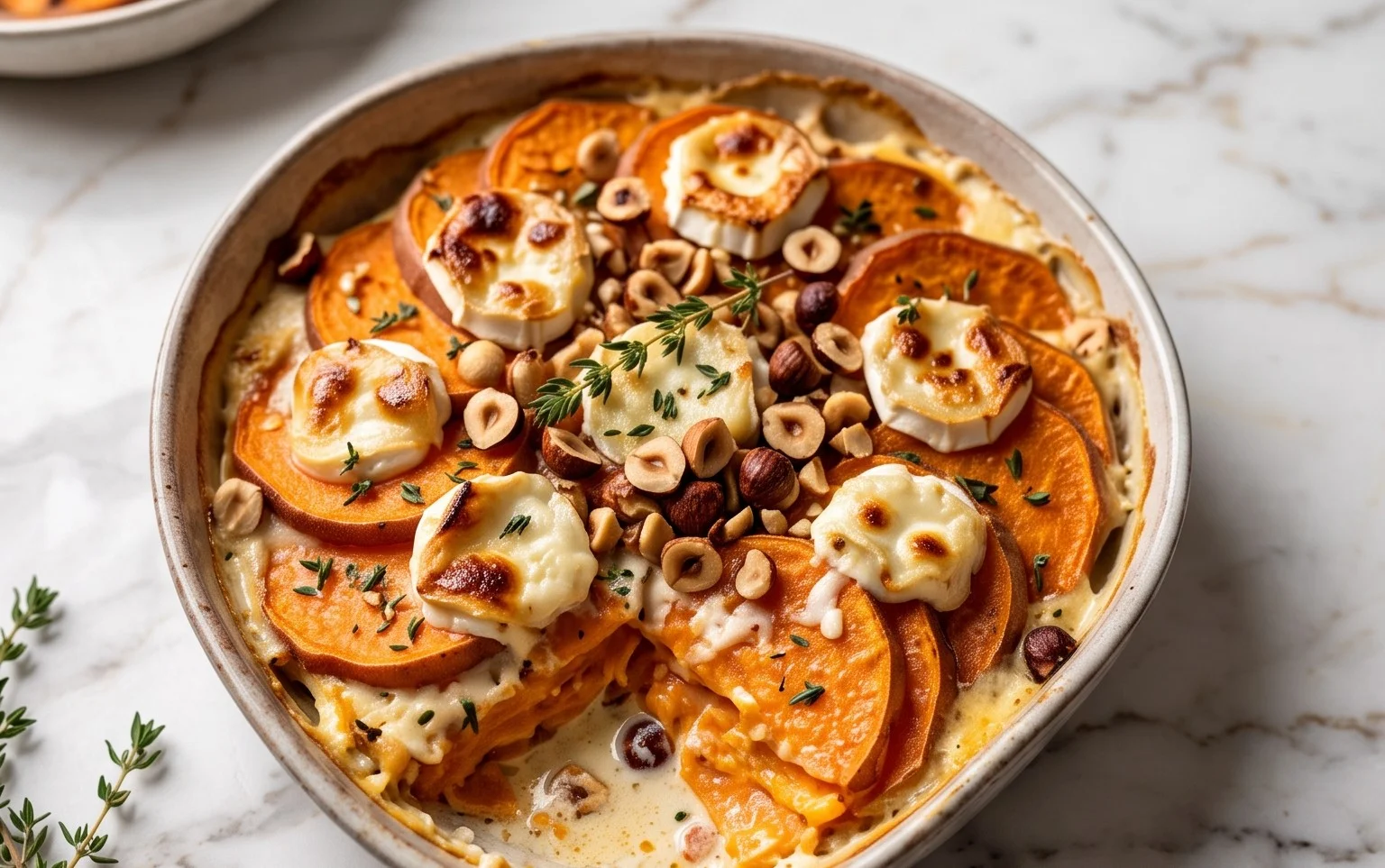 Gratin patate douce chèvre noisettes : Douceur rustique